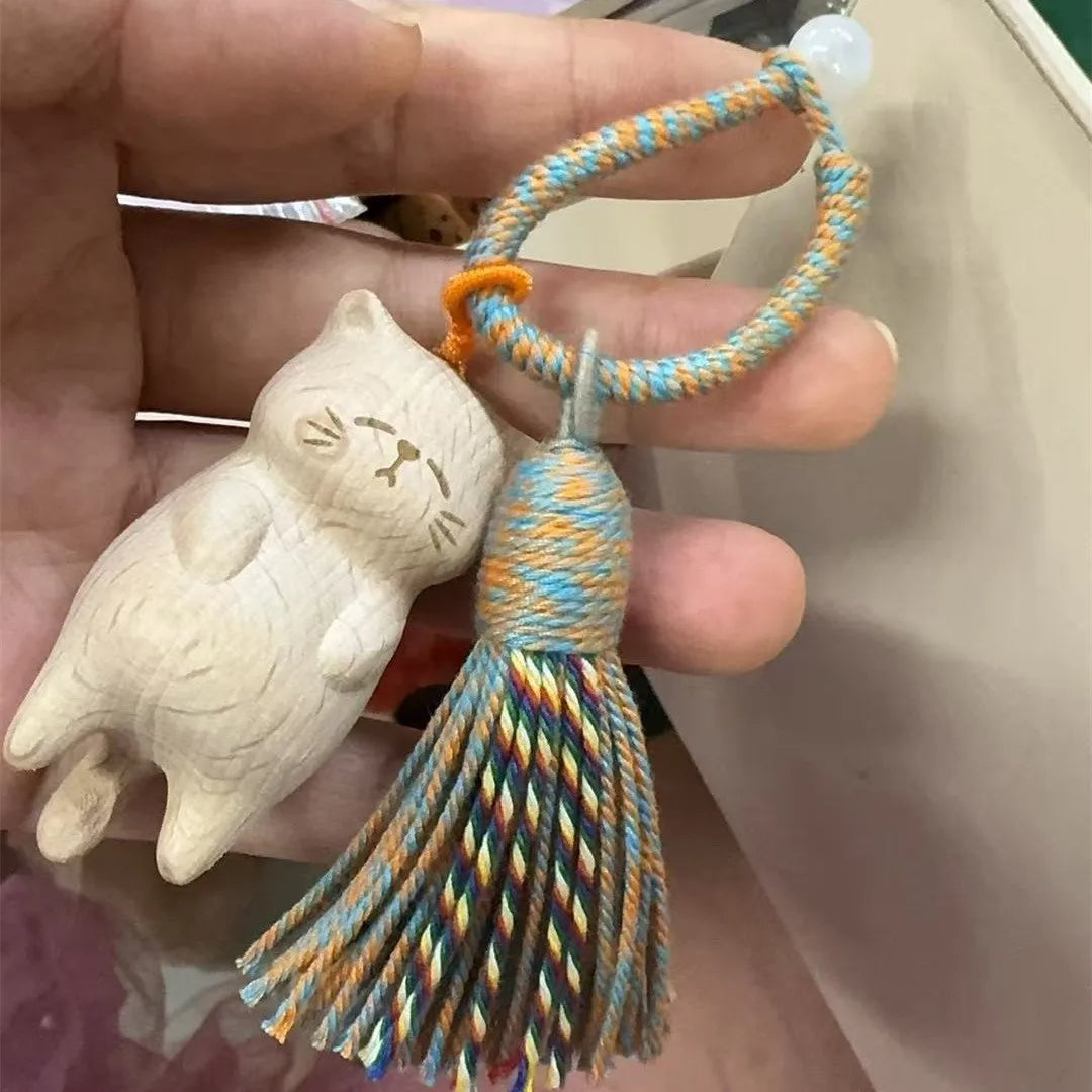 Lovely Cartoon Kitten Beech Carving Keychain Solid Wood Tassel Rope Bag Hanging Accessories Gift Wholesale