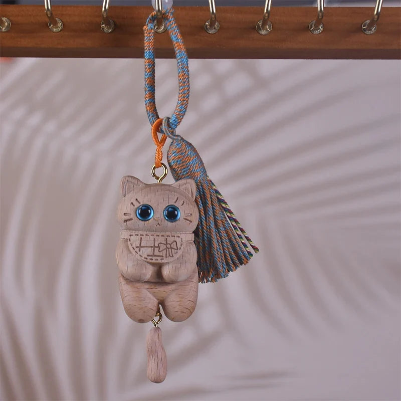 Lovely Cartoon Kitten Beech Carving Keychain Solid Wood Tassel Rope Bag Hanging Accessories Gift Wholesale