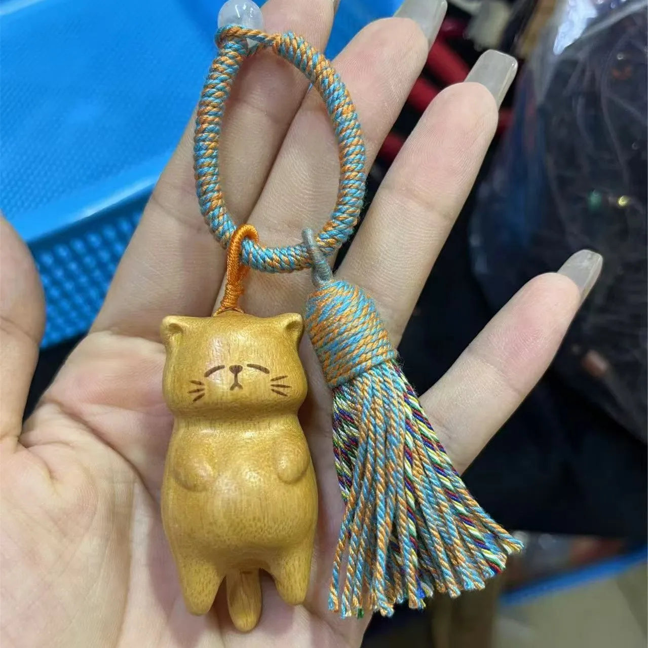 Lovely Cartoon Kitten Beech Carving Keychain Solid Wood Tassel Rope Bag Hanging Accessories Gift Wholesale
